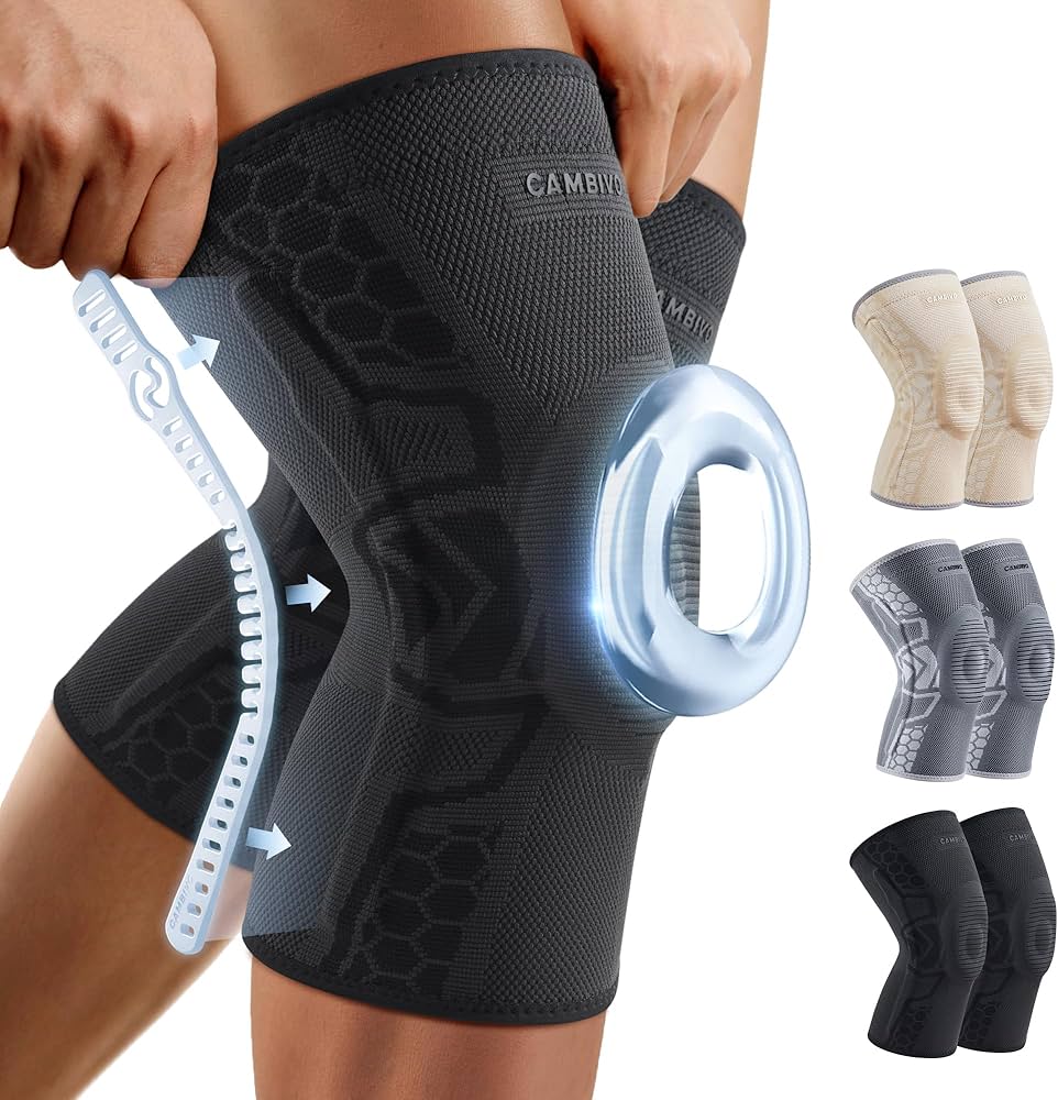 CAMBIVO 2 Pack Knee Brace for Men and Women, Knee Sleeves for Men with Patella Gel Pad and Side Stabilizers, Knee Compression Sleeves for Knee Pain Relief, Running, Workout, Daily Use