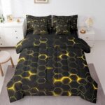 jejeloiu Honeycomb Comforter Set with Sheets Twin Size 7 Pieces Hexagon Theme Bedding Set for Boys Men Adults Teens Yellow Neon Lights Hexagonal Art Bed in a Bag Room Decor
