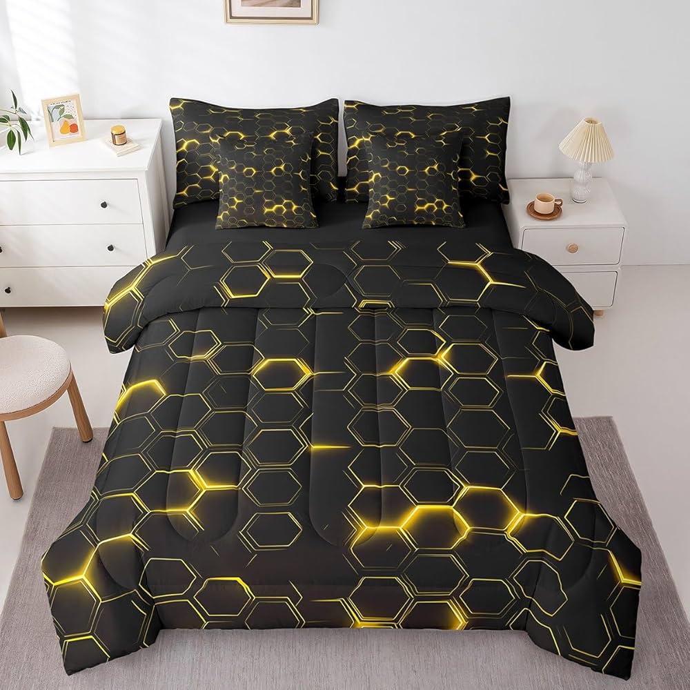 jejeloiu Honeycomb Comforter Set with Sheets Twin Size 7 Pieces Hexagon Theme Bedding Set for Boys Men Adults Teens Yellow Neon Lights Hexagonal Art Bed in a Bag Room Decor