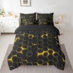 jejeloiu Honeycomb Comforter Set with Sheets Twin Size 7 Pieces Hexagon Theme Bedding Set for Boys Men Adults Teens Yellow Neon Lights Hexagonal Art Bed in a Bag Room Decor