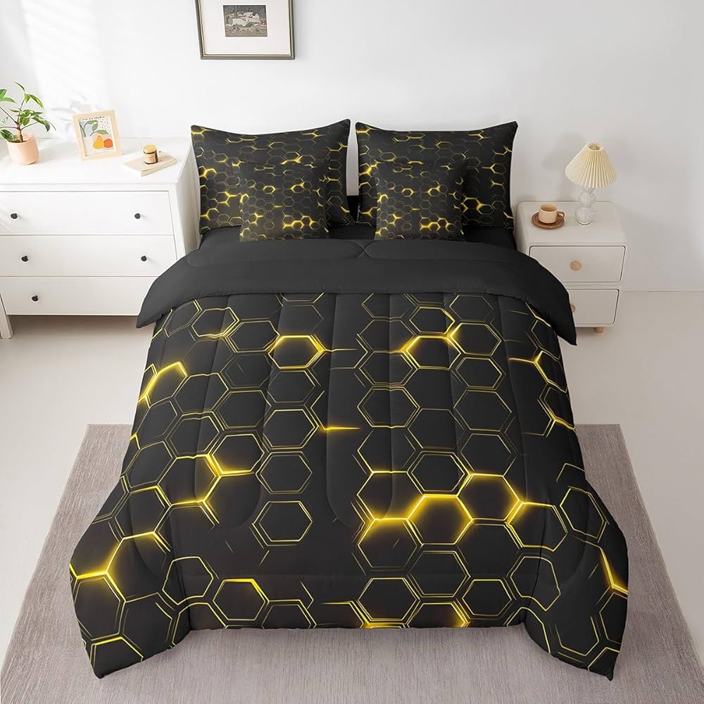 jejeloiu Honeycomb Comforter Set with Sheets Twin Size 7 Pieces Hexagon Theme Bedding Set for Boys Men Adults Teens Yellow Neon Lights Hexagonal Art Bed in a Bag Room Decor