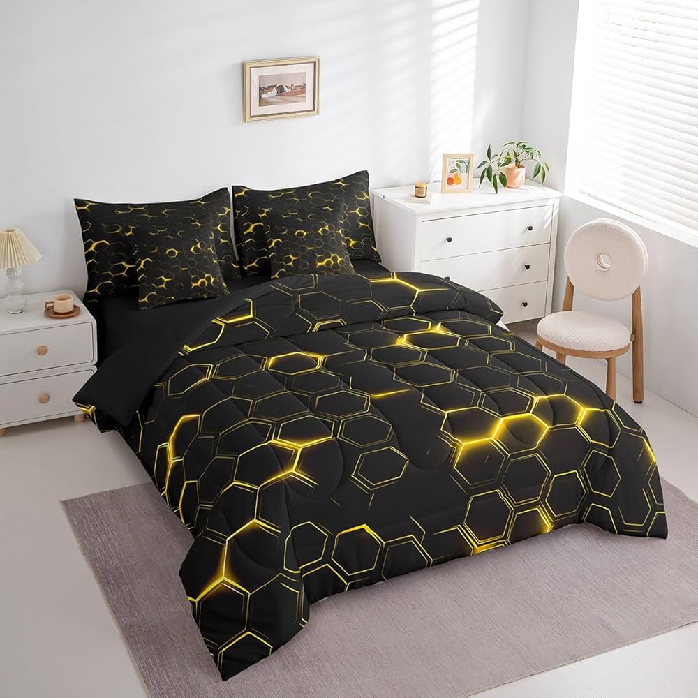 jejeloiu Honeycomb Comforter Set with Sheets Twin Size 7 Pieces Hexagon Theme Bedding Set for Boys Men Adults Teens Yellow Neon Lights Hexagonal Art Bed in a Bag Room Decor