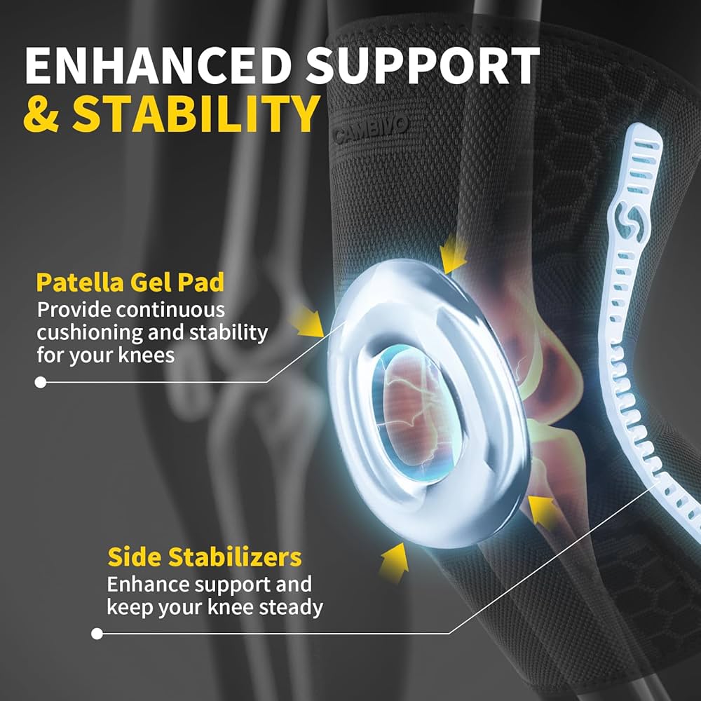 CAMBIVO 2 Pack Knee Brace for Men and Women, Knee Sleeves for Men with Patella Gel Pad and Side Stabilizers, Knee Compression Sleeves for Knee Pain Relief, Running, Workout, Daily Use