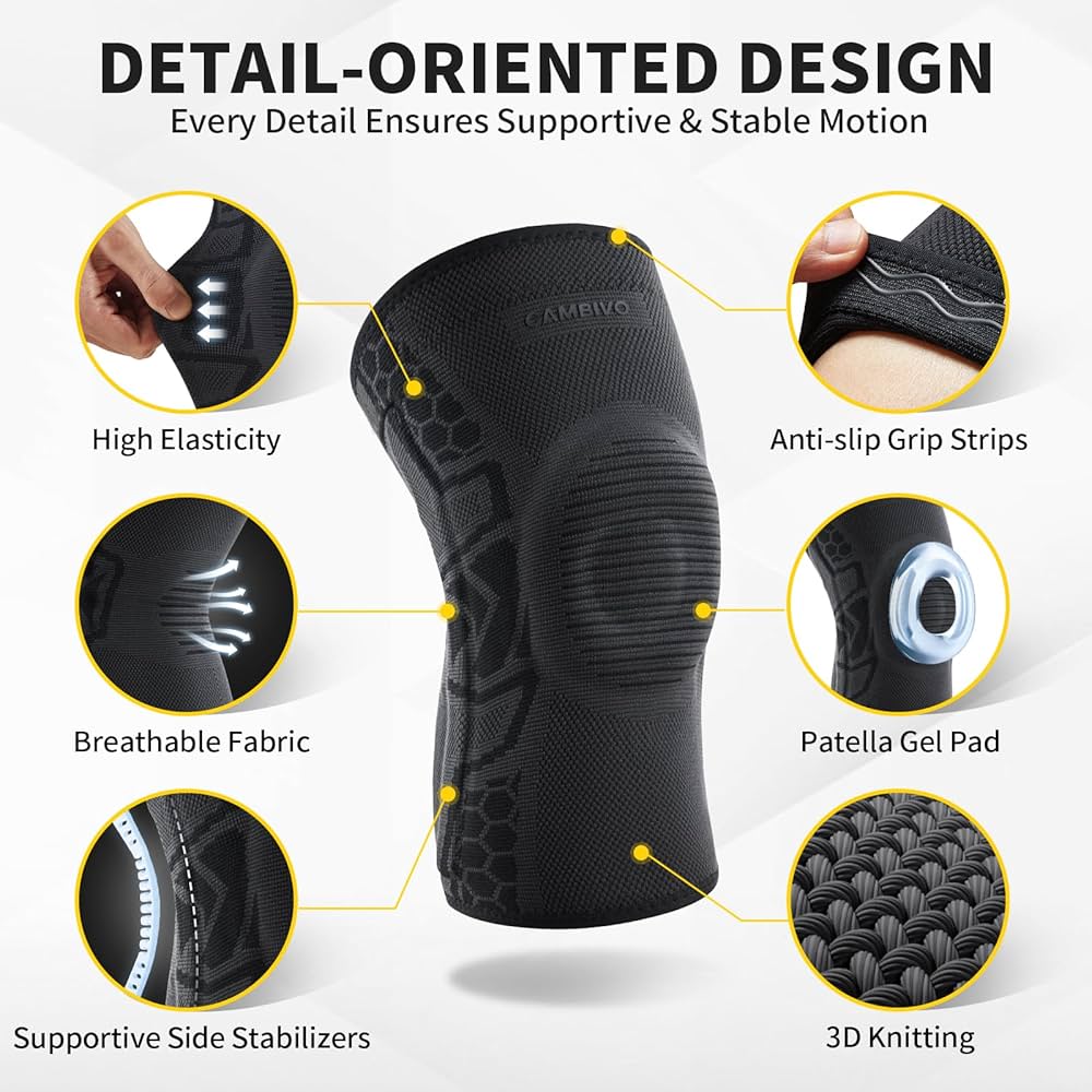 CAMBIVO 2 Pack Knee Brace for Men and Women, Knee Sleeves for Men with Patella Gel Pad and Side Stabilizers, Knee Compression Sleeves for Knee Pain Relief, Running, Workout, Daily Use