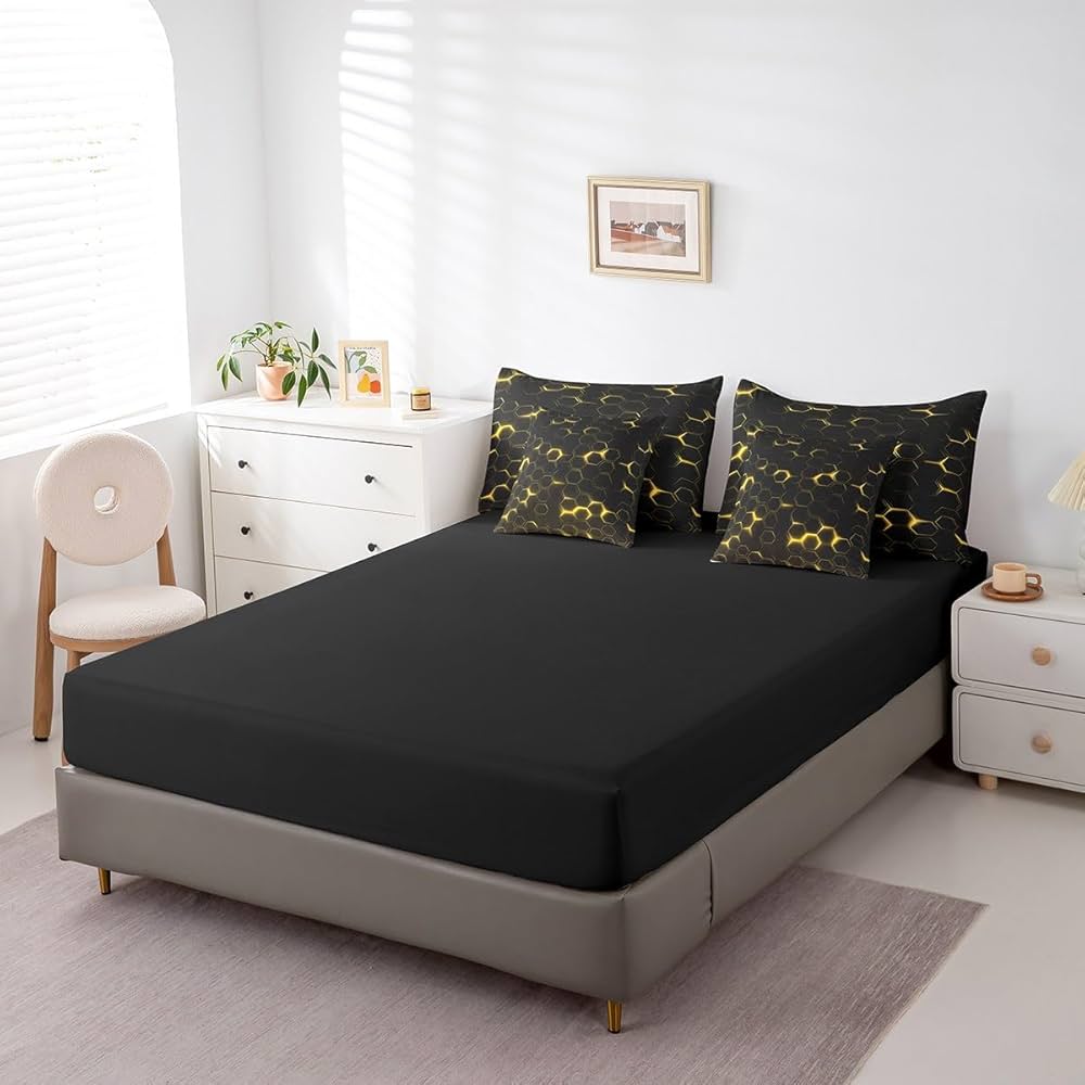 jejeloiu Honeycomb Comforter Set with Sheets Twin Size 7 Pieces Hexagon Theme Bedding Set for Boys Men Adults Teens Yellow Neon Lights Hexagonal Art Bed in a Bag Room Decor