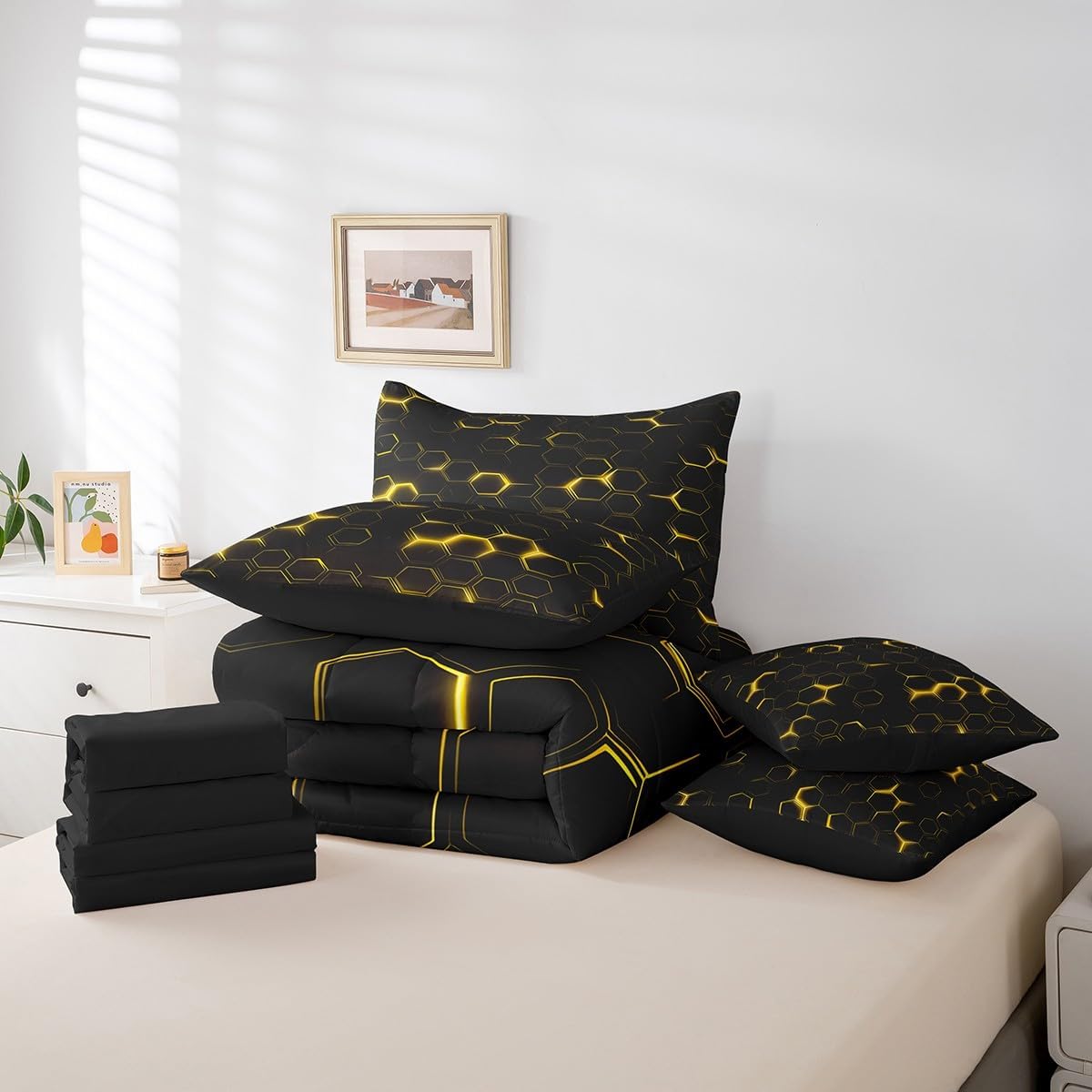 jejeloiu Honeycomb Comforter Set with Sheets Twin Size 7 Pieces Hexagon Theme Bedding Set for Boys Men Adults Teens Yellow Neon Lights Hexagonal Art Bed in a Bag Room Decor