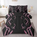 jejeloiu Black and Pink Comforter Set with Sheets Twin Size 7 Pieces Abstract Ombre Bedding Set for Boys Men Adults Teens Luxury Simple Modern Geometric Stripes Art Bed in a Bag Room Decor