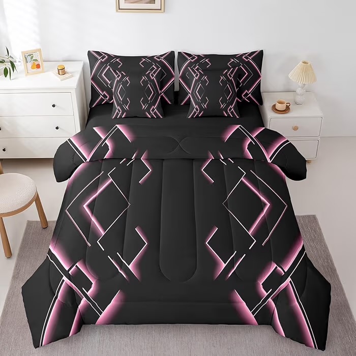 jejeloiu Black and Pink Comforter Set with Sheets Twin Size 7 Pieces Abstract Ombre Bedding Set for Boys Men Adults Teens Luxury Simple Modern Geometric Stripes Art Bed in a Bag Room Decor