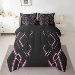 jejeloiu Black and Pink Comforter Set with Sheets Twin Size 7 Pieces Abstract Ombre Bedding Set for Boys Men Adults Teens Luxury Simple Modern Geometric Stripes Art Bed in a Bag Room Decor