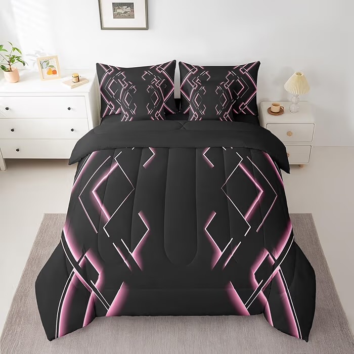 jejeloiu Black and Pink Comforter Set with Sheets Twin Size 7 Pieces Abstract Ombre Bedding Set for Boys Men Adults Teens Luxury Simple Modern Geometric Stripes Art Bed in a Bag Room Decor