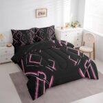 jejeloiu Black and Pink Comforter Set with Sheets Twin Size 7 Pieces Abstract Ombre Bedding Set for Boys Men Adults Teens Luxury Simple Modern Geometric Stripes Art Bed in a Bag Room Decor
