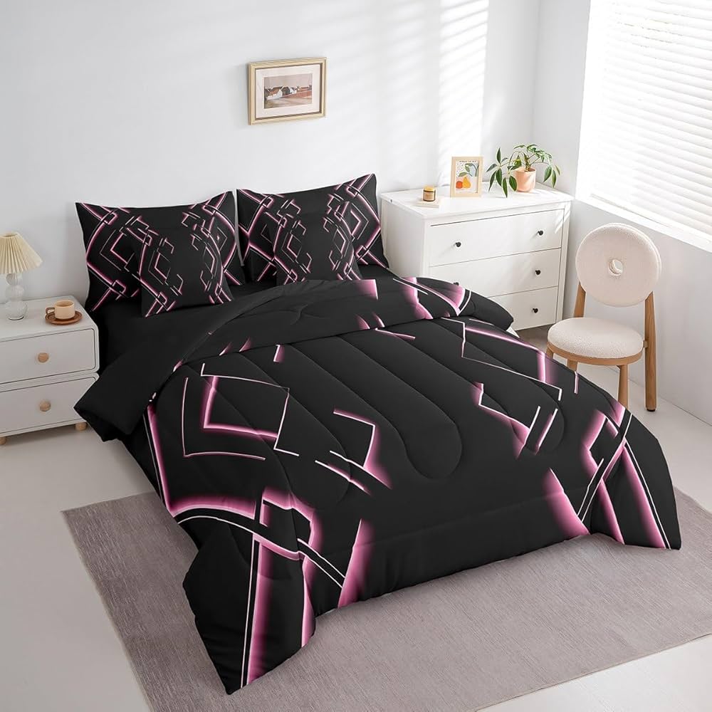 jejeloiu Black and Pink Comforter Set with Sheets Twin Size 7 Pieces Abstract Ombre Bedding Set for Boys Men Adults Teens Luxury Simple Modern Geometric Stripes Art Bed in a Bag Room Decor