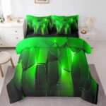 jejeloiu Geometric Comforter Set King 7 Pcs Honeycomb Hexagonal Geometrical Beehive Bedding Set Green Black Simple Modern Abstract Art Bed in a Bag with Comforter, Sheets, Pillowcases & Cushion Cover