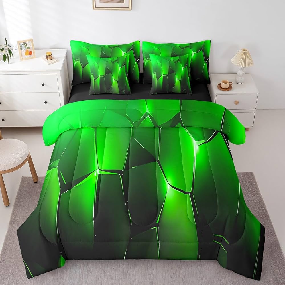 jejeloiu Geometric Comforter Set King 7 Pcs Honeycomb Hexagonal Geometrical Beehive Bedding Set Green Black Simple Modern Abstract Art Bed in a Bag with Comforter, Sheets, Pillowcases & Cushion Cover