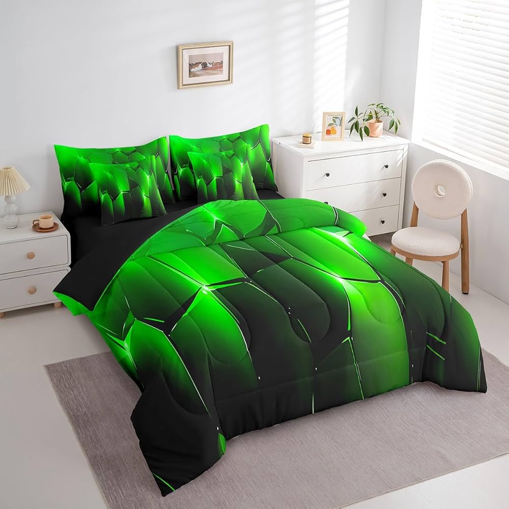 jejeloiu Geometric Comforter Set King 7 Pcs Honeycomb Hexagonal Geometrical Beehive Bedding Set Green Black Simple Modern Abstract Art Bed in a Bag with Comforter, Sheets, Pillowcases & Cushion Cover