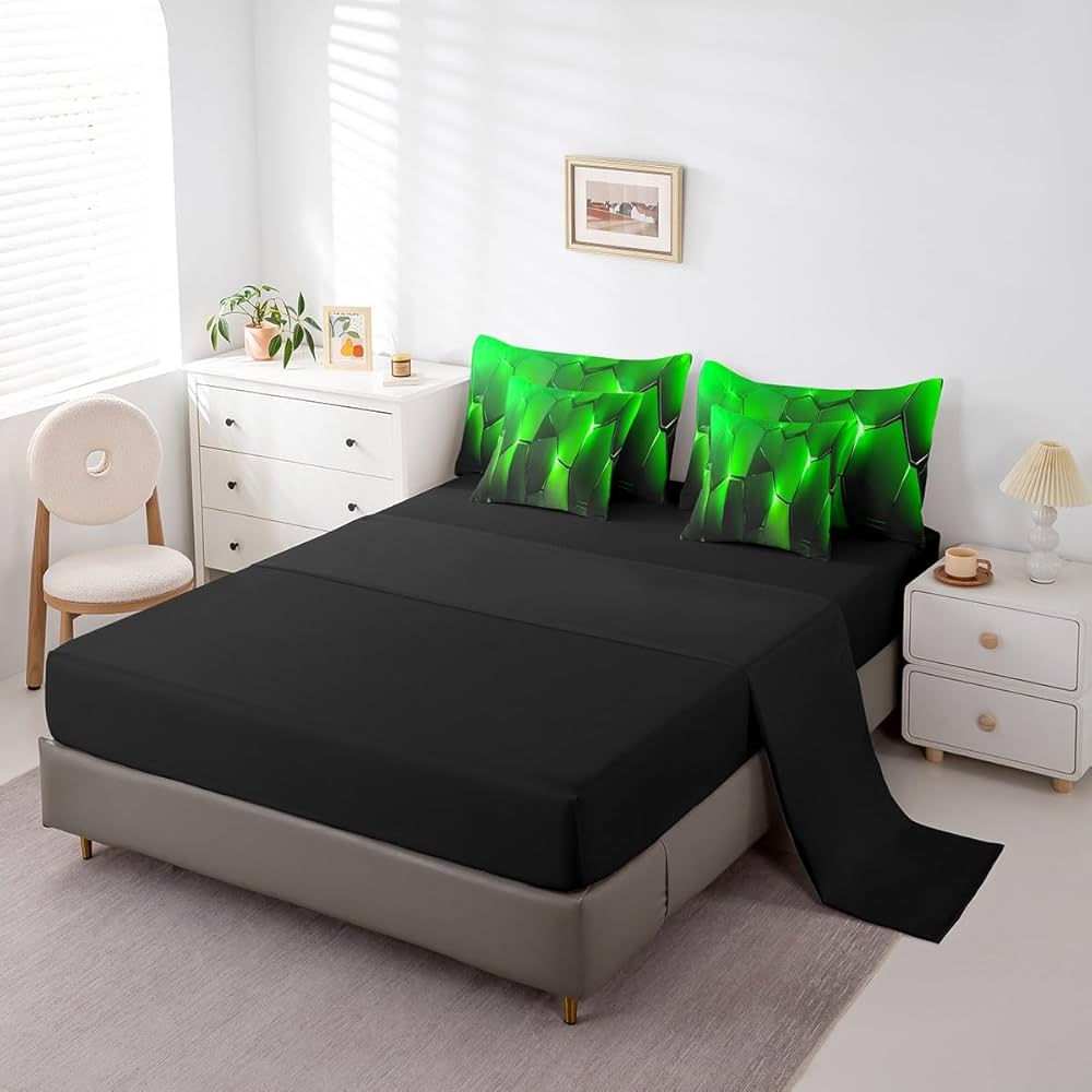 jejeloiu Geometric Comforter Set King 7 Pcs Honeycomb Hexagonal Geometrical Beehive Bedding Set Green Black Simple Modern Abstract Art Bed in a Bag with Comforter, Sheets, Pillowcases & Cushion Cover