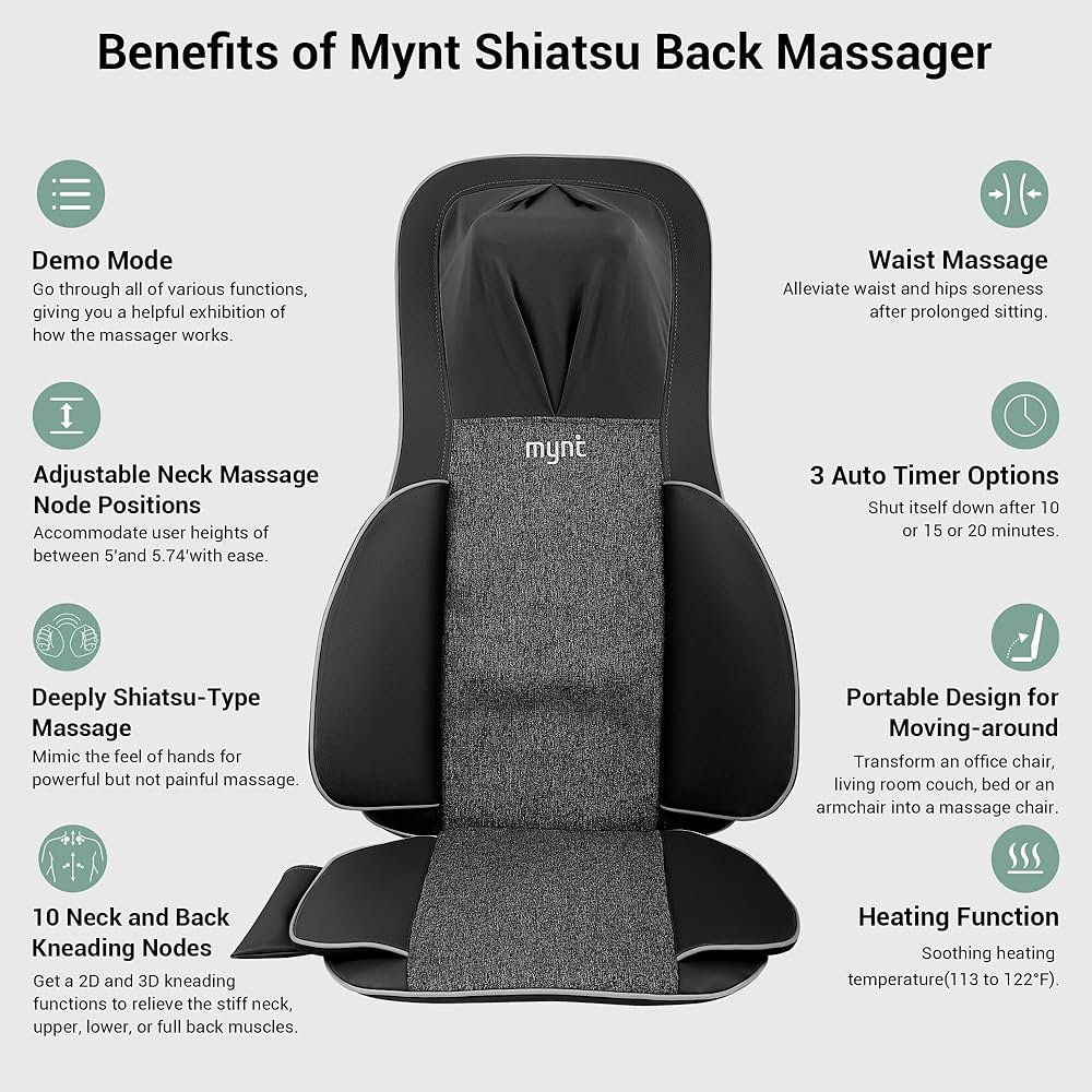 Mynt FSA Eligible HSA Approved Shiatsu Neck and Back Massager for Chair with 10 Deep Kneading Nodes, 2D & 3D Back Massage with Heat, Portable Spot Massage Chair Pad (Black)