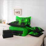 jejeloiu Geometric Comforter Set King 7 Pcs Honeycomb Hexagonal Geometrical Beehive Bedding Set Green Black Simple Modern Abstract Art Bed in a Bag with Comforter, Sheets, Pillowcases & Cushion Cover