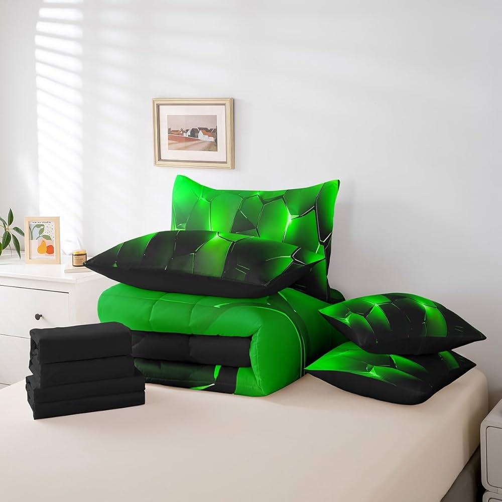 jejeloiu Geometric Comforter Set King 7 Pcs Honeycomb Hexagonal Geometrical Beehive Bedding Set Green Black Simple Modern Abstract Art Bed in a Bag with Comforter, Sheets, Pillowcases & Cushion Cover