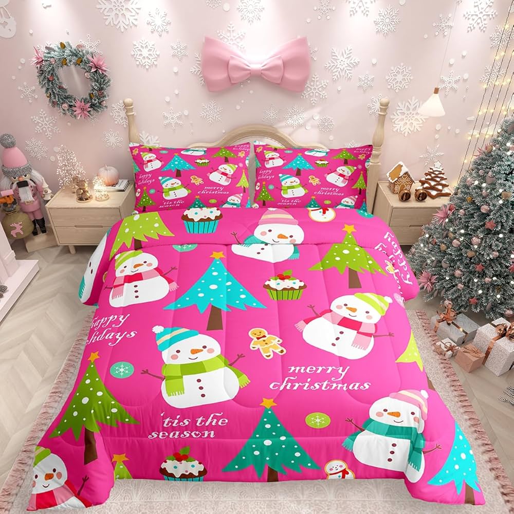 Erosebridal Christmas Kids Comforter Set Cartoon Snowman Quilts for Boys Girls Adults Xmas Tree Bedding Set Cartoon Snowflake Bedroom Decor Duvet Insert Queen Size