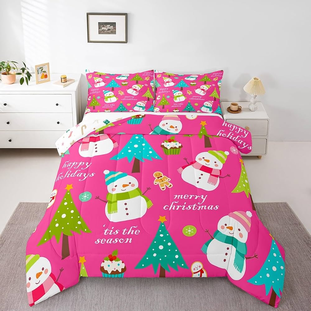 Erosebridal Christmas Kids Comforter Set Cartoon Snowman Quilts for Boys Girls Adults Xmas Tree Bedding Set Cartoon Snowflake Bedroom Decor Duvet Insert Queen Size
