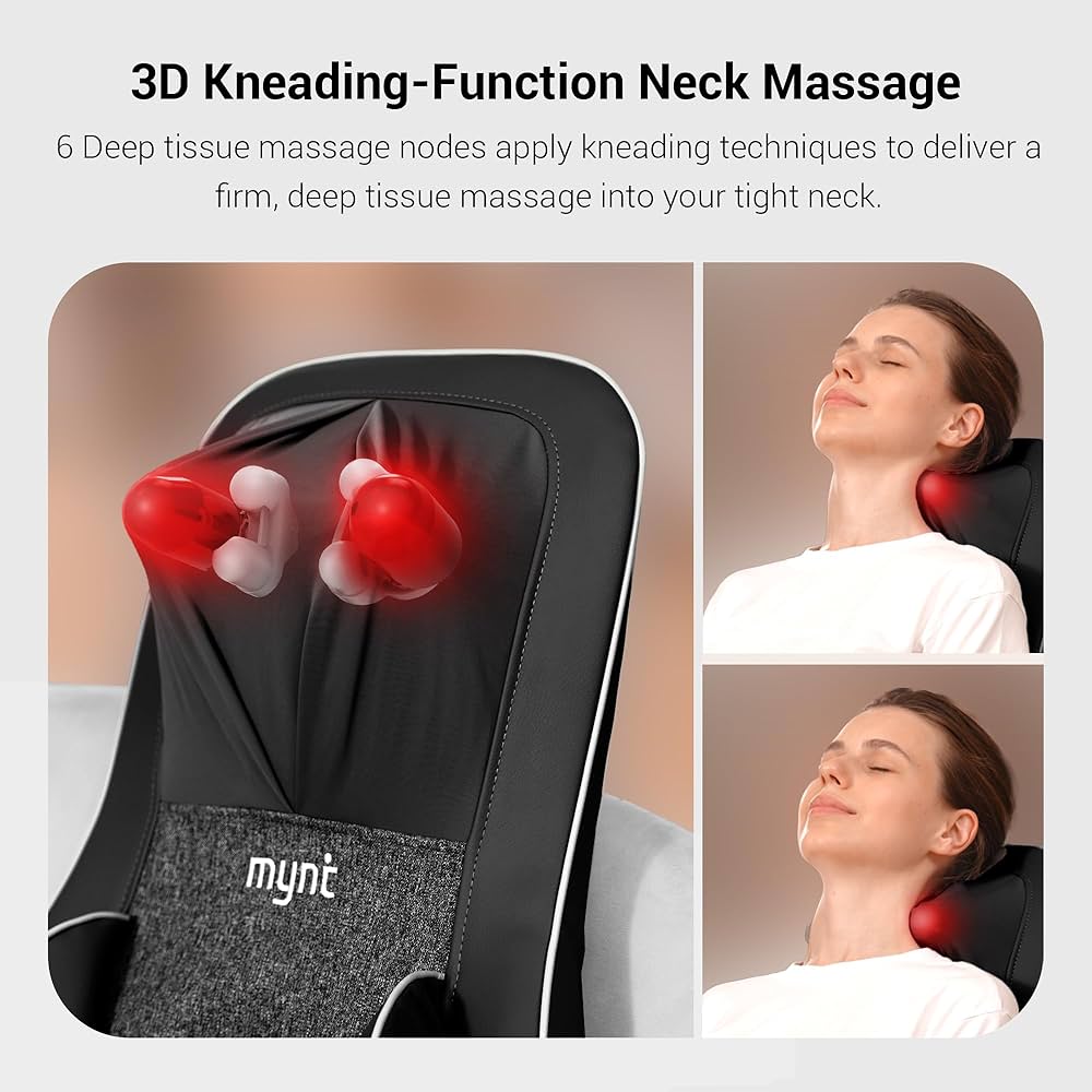 Mynt FSA Eligible HSA Approved Shiatsu Neck and Back Massager for Chair with 10 Deep Kneading Nodes, 2D & 3D Back Massage with Heat, Portable Spot Massage Chair Pad (Black)
