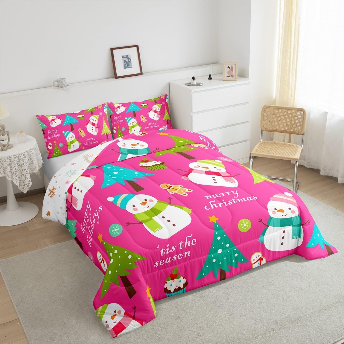 Erosebridal Christmas Kids Comforter Set Cartoon Snowman Quilts for Boys Girls Adults Xmas Tree Bedding Set Cartoon Snowflake Bedroom Decor Duvet Insert Queen Size
