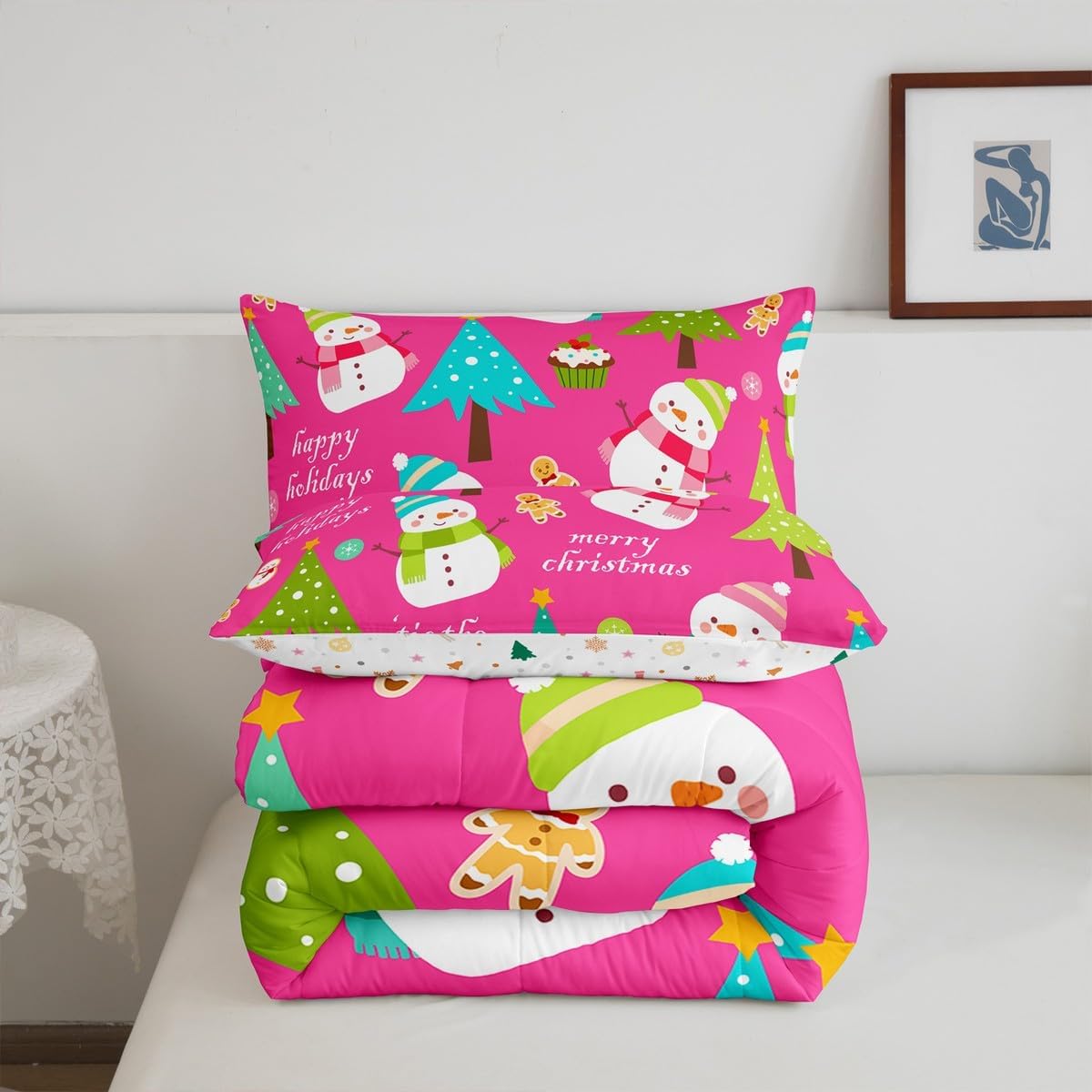 Erosebridal Christmas Kids Comforter Set Cartoon Snowman Quilts for Boys Girls Adults Xmas Tree Bedding Set Cartoon Snowflake Bedroom Decor Duvet Insert Queen Size