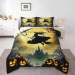 Erosebridal Girls Witch Bedding Set, Halloween Pumpkin Comforter Set Queen Size, Gothic Spooky Bat Duvet Insert Castle Terror Theme Bedding Comforter Sets for Kids Boys Teens Adult Bedroom