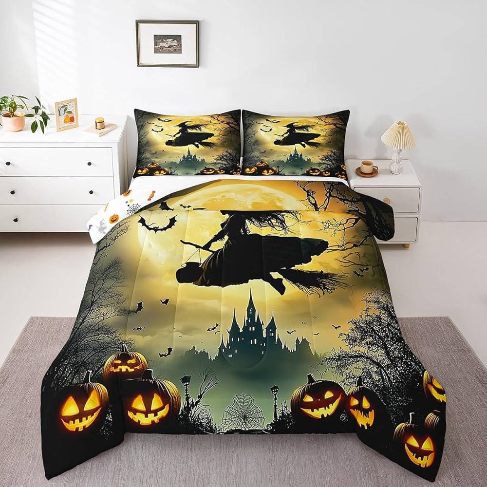 Erosebridal Girls Witch Bedding Set, Halloween Pumpkin Comforter Set Queen Size, Gothic Spooky Bat Duvet Insert Castle Terror Theme Bedding Comforter Sets for Kids Boys Teens Adult Bedroom