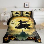 Erosebridal Girls Witch Bedding Set, Halloween Pumpkin Comforter Set Queen Size, Gothic Spooky Bat Duvet Insert Castle Terror Theme Bedding Comforter Sets for Kids Boys Teens Adult Bedroom