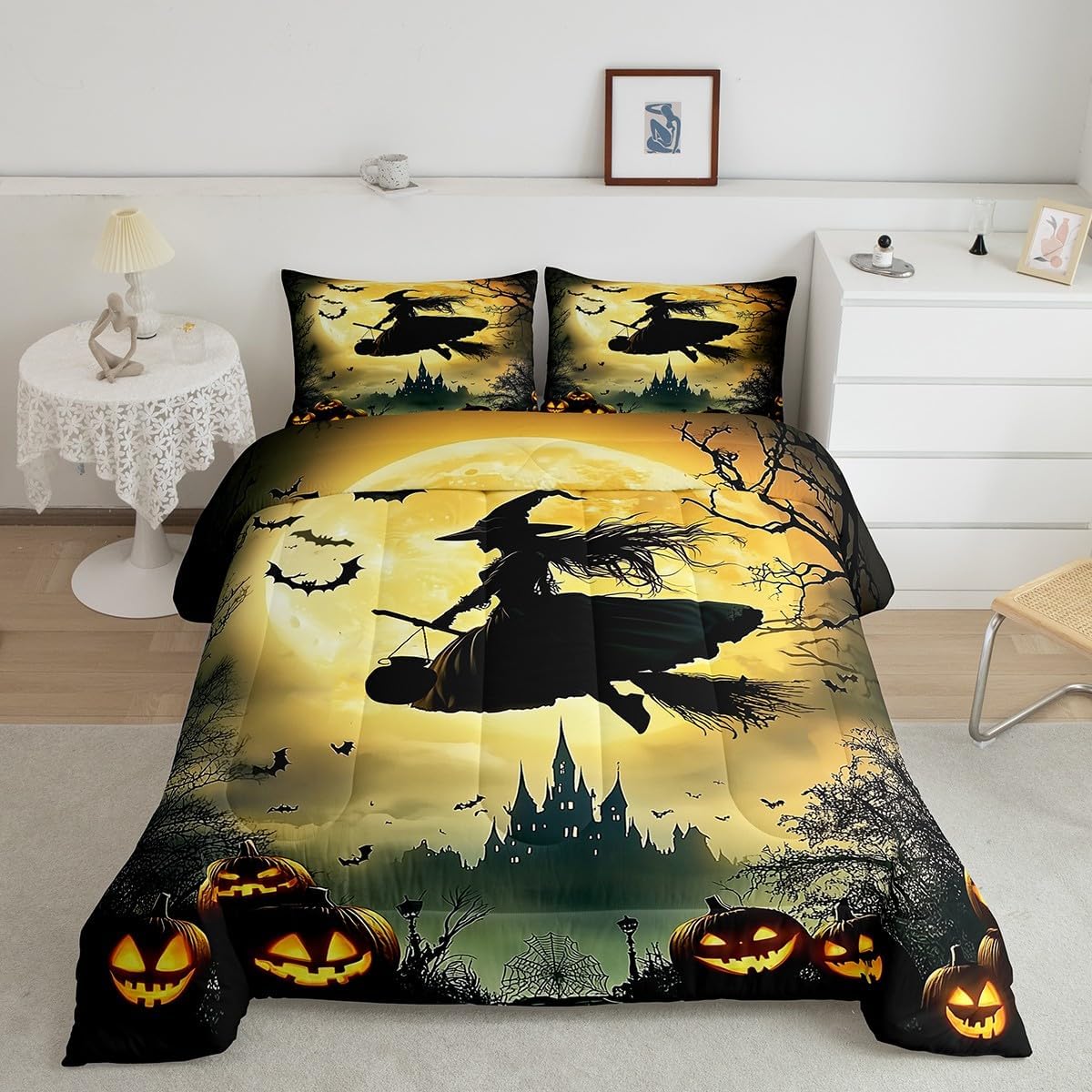 Erosebridal Girls Witch Bedding Set, Halloween Pumpkin Comforter Set Queen Size, Gothic Spooky Bat Duvet Insert Castle Terror Theme Bedding Comforter Sets for Kids Boys Teens Adult Bedroom