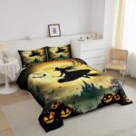 Erosebridal Girls Witch Bedding Set, Halloween Pumpkin Comforter Set Queen Size, Gothic Spooky Bat Duvet Insert Castle Terror Theme Bedding Comforter Sets for Kids Boys Teens Adult Bedroom