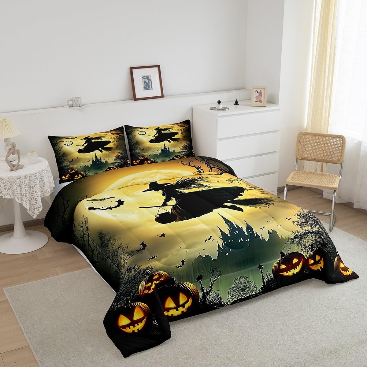 Erosebridal Girls Witch Bedding Set, Halloween Pumpkin Comforter Set Queen Size, Gothic Spooky Bat Duvet Insert Castle Terror Theme Bedding Comforter Sets for Kids Boys Teens Adult Bedroom
