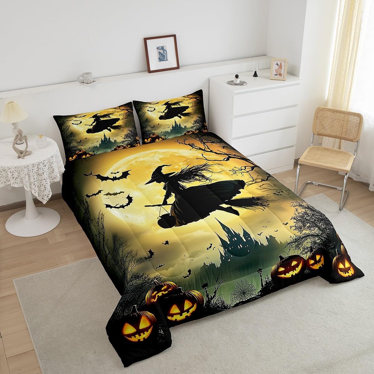 Erosebridal Girls Witch Bedding Set, Halloween Pumpkin Comforter Set Queen Size, Gothic Spooky Bat Duvet Insert Castle Terror Theme Bedding Comforter Sets for Kids Boys Teens Adult Bedroom