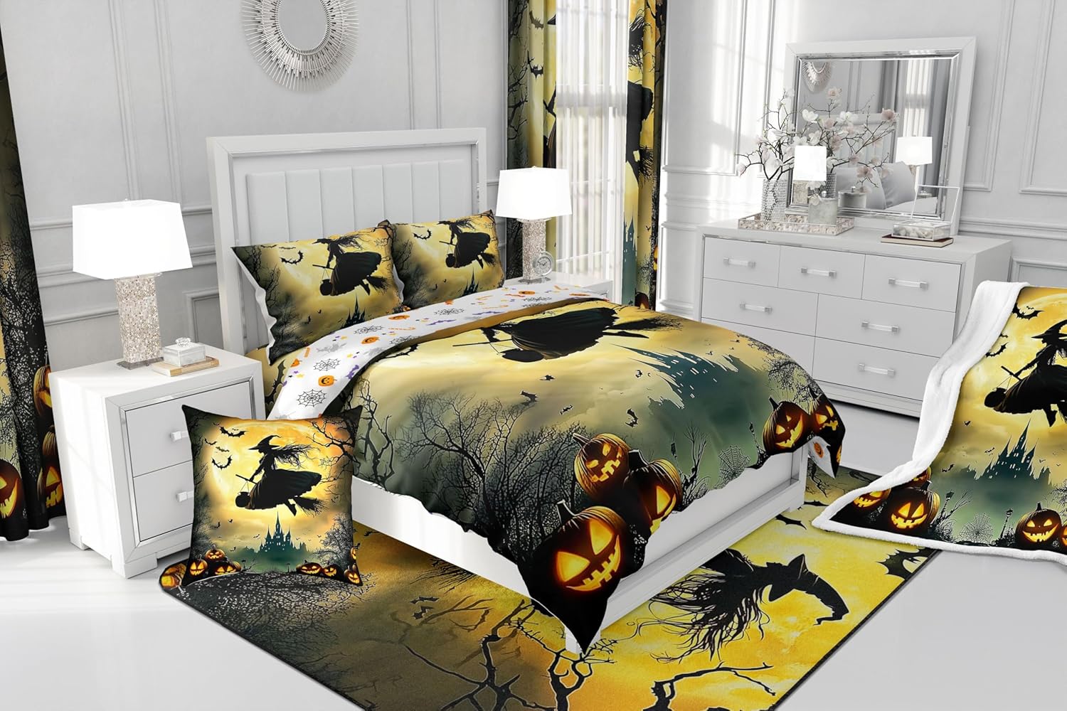 Erosebridal Girls Witch Bedding Set, Halloween Pumpkin Comforter Set Queen Size, Gothic Spooky Bat Duvet Insert Castle Terror Theme Bedding Comforter Sets for Kids Boys Teens Adult Bedroom