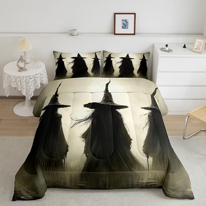 Erosebridal Halloween Comforter Set Three Witches Vintage Bedding Witch Decor Aesthetic Halloween Decorations Bedding Comforter Sets Happy Halloween Witchy Comforter Gothic Home Decor, Queen 3Pcs