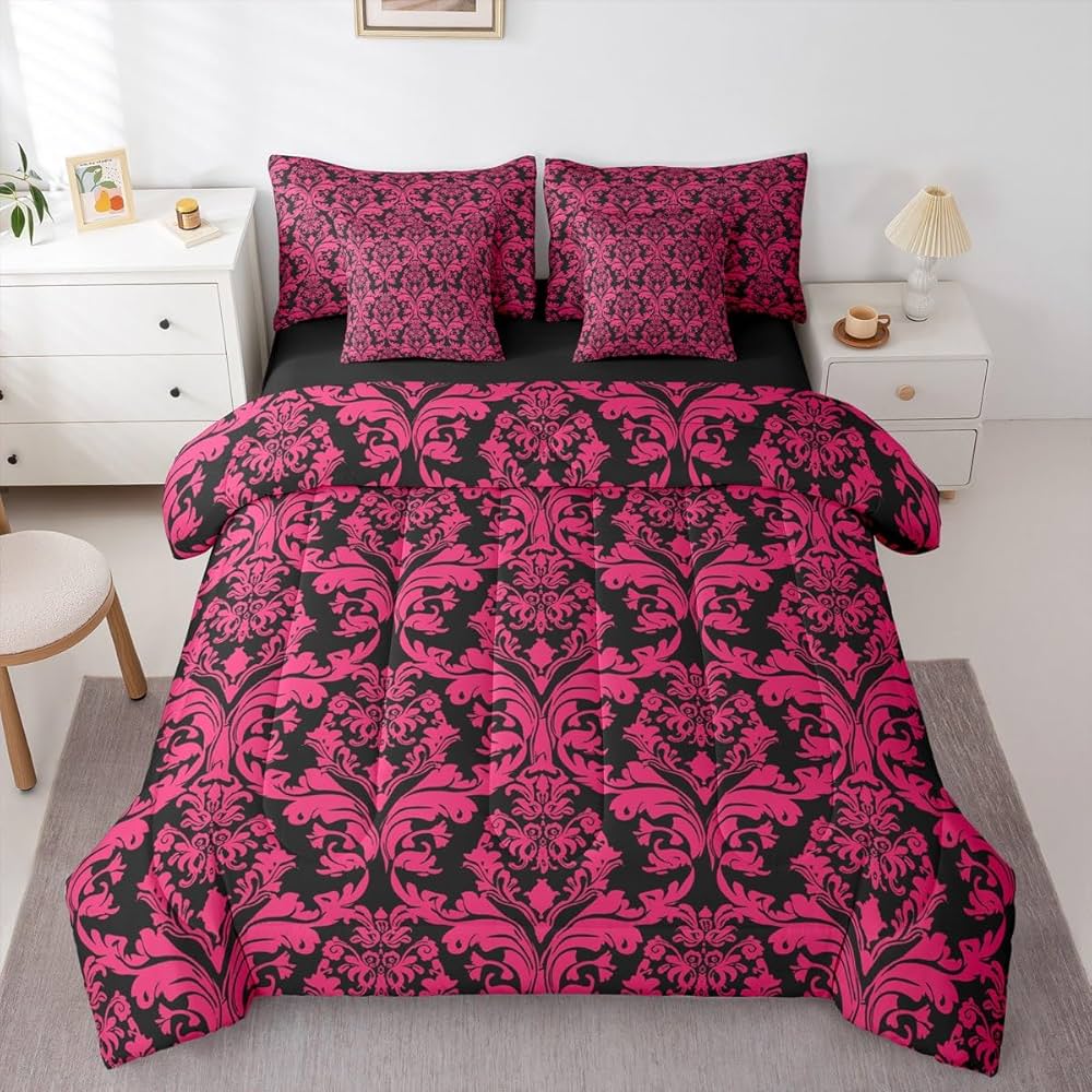 Boho Floral Comforter Set 7 Piece Bed in a Bag Twin Victorian Bedding Sets,Gothic Paisley Baroque Vintage Damask Goth Sheet Set with Comforter,Magenta Antique Exotic Flowers Bohemian Decor