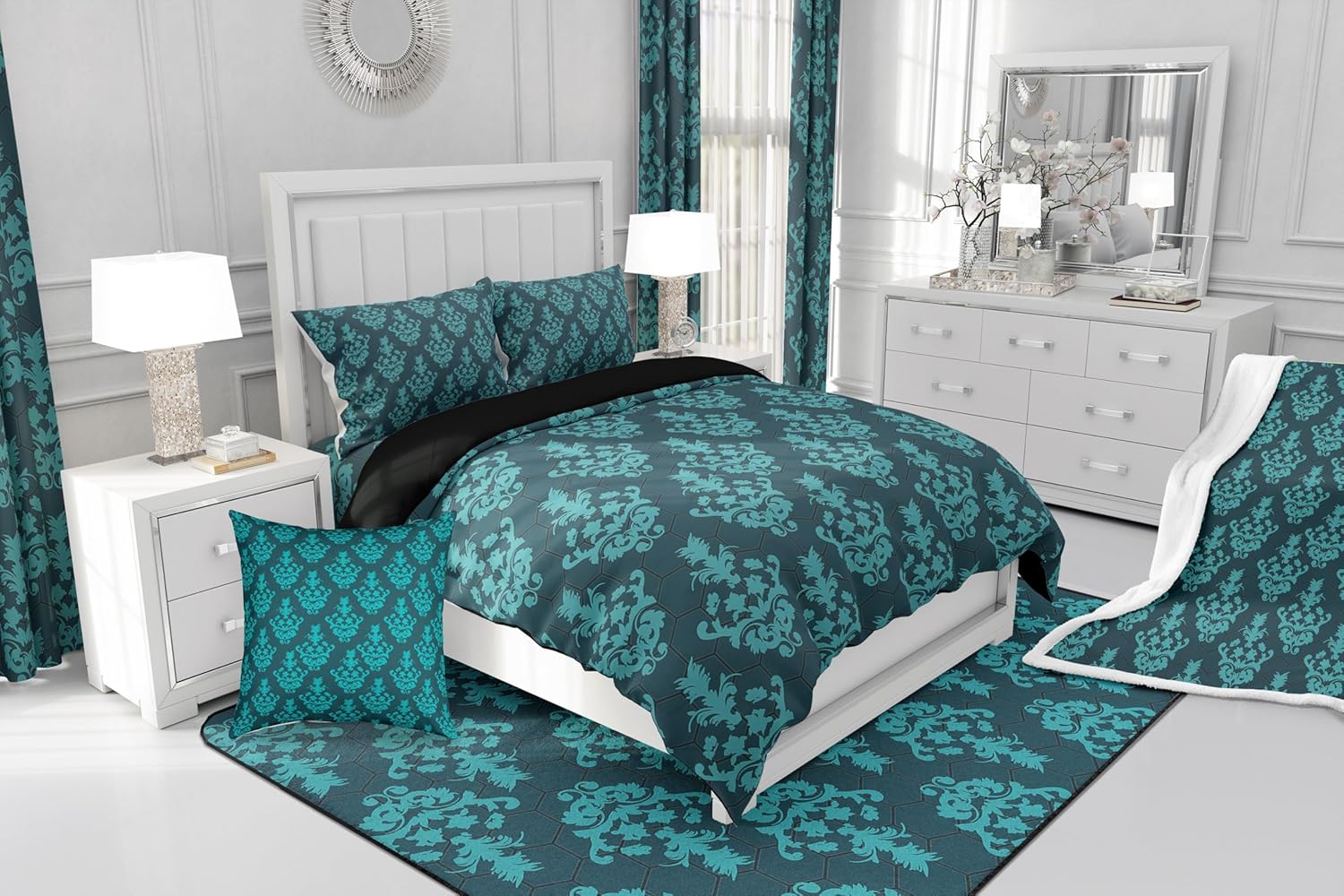 Erosebridal Gothic Bedding Set – Victorian Black Damask Comforter,Twin Size,Vintage Baroque Goth Bed Set with Black Floral Comforter,Bohemian Decor,Turquoise