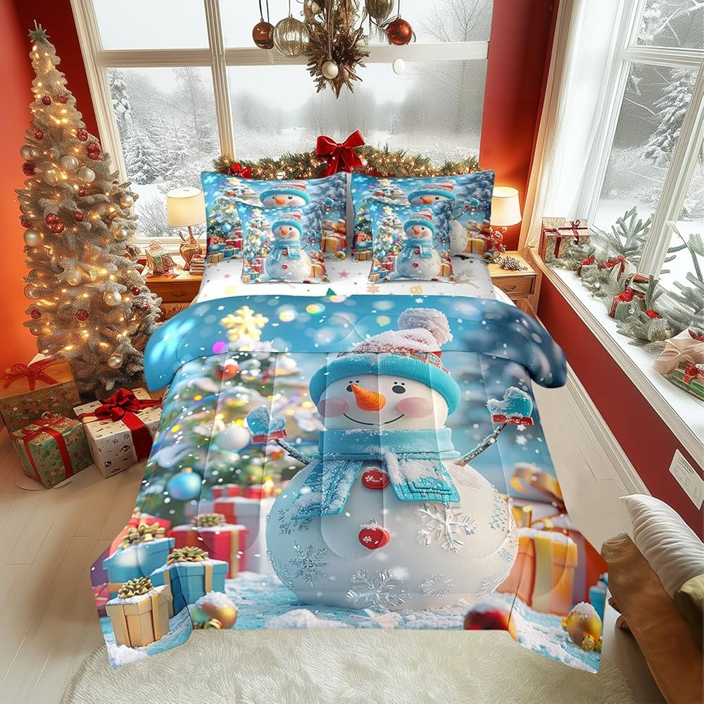 Queen Size 7 Piece Bedding Sets Snowflake Snowman Comforter Set Merry Christmas Bed Sheet Blue Reversible Printed Quilt Set + Flat Sheet + Fitted Sheet + 2 Pillowcase + 2 Throw Pillow Covers