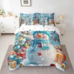 Queen Size 7 Piece Bedding Sets Snowflake Snowman Comforter Set Merry Christmas Bed Sheet Blue Reversible Printed Quilt Set + Flat Sheet + Fitted Sheet + 2 Pillowcase + 2 Throw Pillow Covers