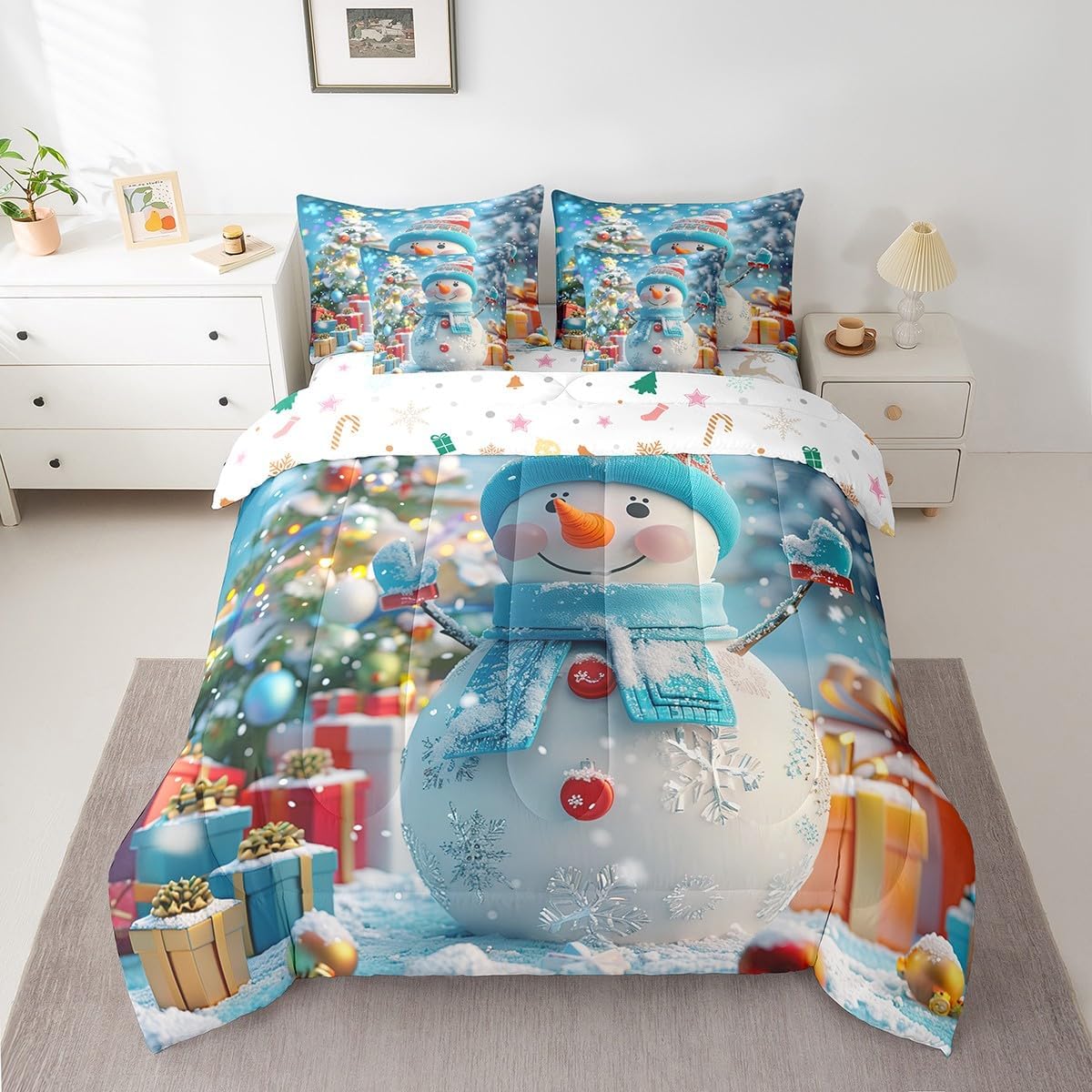 Queen Size 7 Piece Bedding Sets Snowflake Snowman Comforter Set Merry Christmas Bed Sheet Blue Reversible Printed Quilt Set + Flat Sheet + Fitted Sheet + 2 Pillowcase + 2 Throw Pillow Covers