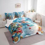 Queen Size 7 Piece Bedding Sets Snowflake Snowman Comforter Set Merry Christmas Bed Sheet Blue Reversible Printed Quilt Set + Flat Sheet + Fitted Sheet + 2 Pillowcase + 2 Throw Pillow Covers