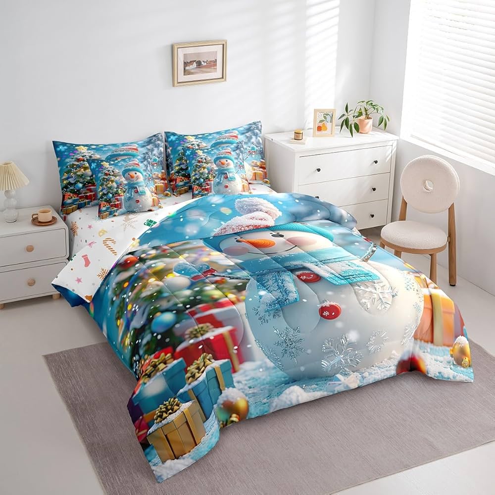 Queen Size 7 Piece Bedding Sets Snowflake Snowman Comforter Set Merry Christmas Bed Sheet Blue Reversible Printed Quilt Set + Flat Sheet + Fitted Sheet + 2 Pillowcase + 2 Throw Pillow Covers