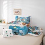 Queen Size 7 Piece Bedding Sets Snowflake Snowman Comforter Set Merry Christmas Bed Sheet Blue Reversible Printed Quilt Set + Flat Sheet + Fitted Sheet + 2 Pillowcase + 2 Throw Pillow Covers