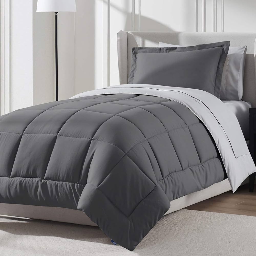 Nestl 5 Piece Twin XL Comforter Set – Dark Grey Reversible Bed in a Bag – Complete Twin XL Size Bedding Set with Sheets, Pillowcase and Sham