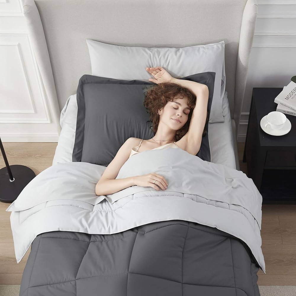 Nestl 5 Piece Twin XL Comforter Set – Dark Grey Reversible Bed in a Bag – Complete Twin XL Size Bedding Set with Sheets, Pillowcase and Sham