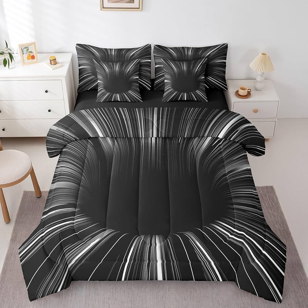 Black Light Grey Comforter Set 7 Piece Bed in a Bag Twin,3D Black Hole Abstract Geometric Bedding Sets,Modern Striped Circle Swirl Sheet Set with Comforter,Geometric Stripes Line Room Decor for Men