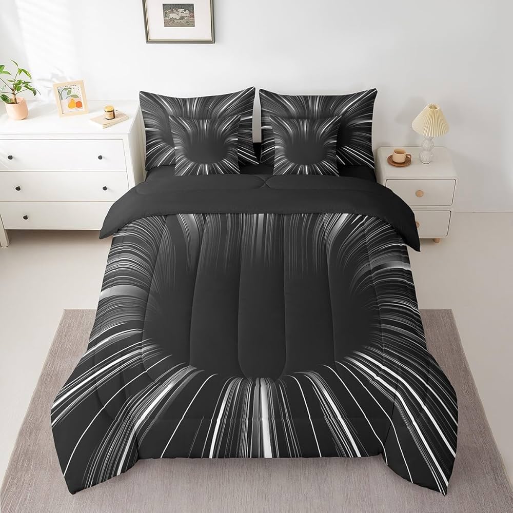 Black Light Grey Comforter Set 7 Piece Bed in a Bag Twin,3D Black Hole Abstract Geometric Bedding Sets,Modern Striped Circle Swirl Sheet Set with Comforter,Geometric Stripes Line Room Decor for Men