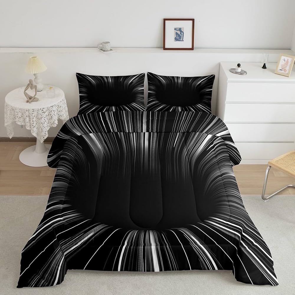 Black Light Grey Comforter Set 7 Piece Bed in a Bag Twin,3D Black Hole Abstract Geometric Bedding Sets,Modern Striped Circle Swirl Sheet Set with Comforter,Geometric Stripes Line Room Decor for Men